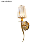 Modern Gold Wall Sconce Light With Crystal Prism - Clear Tapered Shade Ideal For Stairways