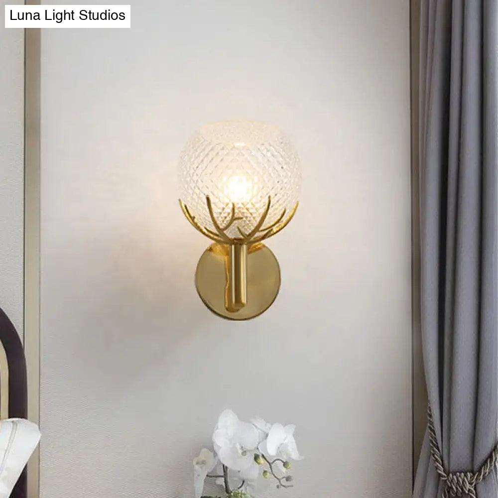 Modern Gold Wall Sconce With Clear Lattice Glass And Antler Design