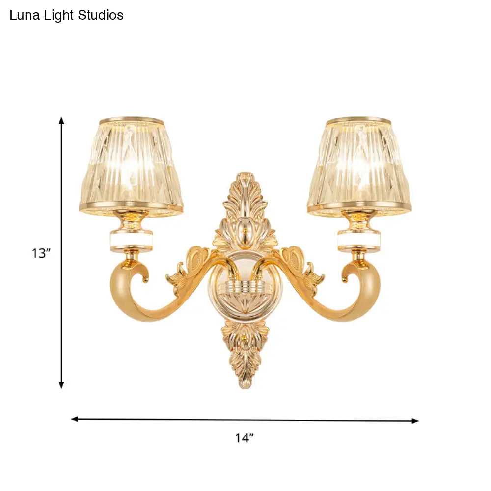 Modern Gold Wall Sconce With Crystal Cone Shade - Bedside/Room Fixture