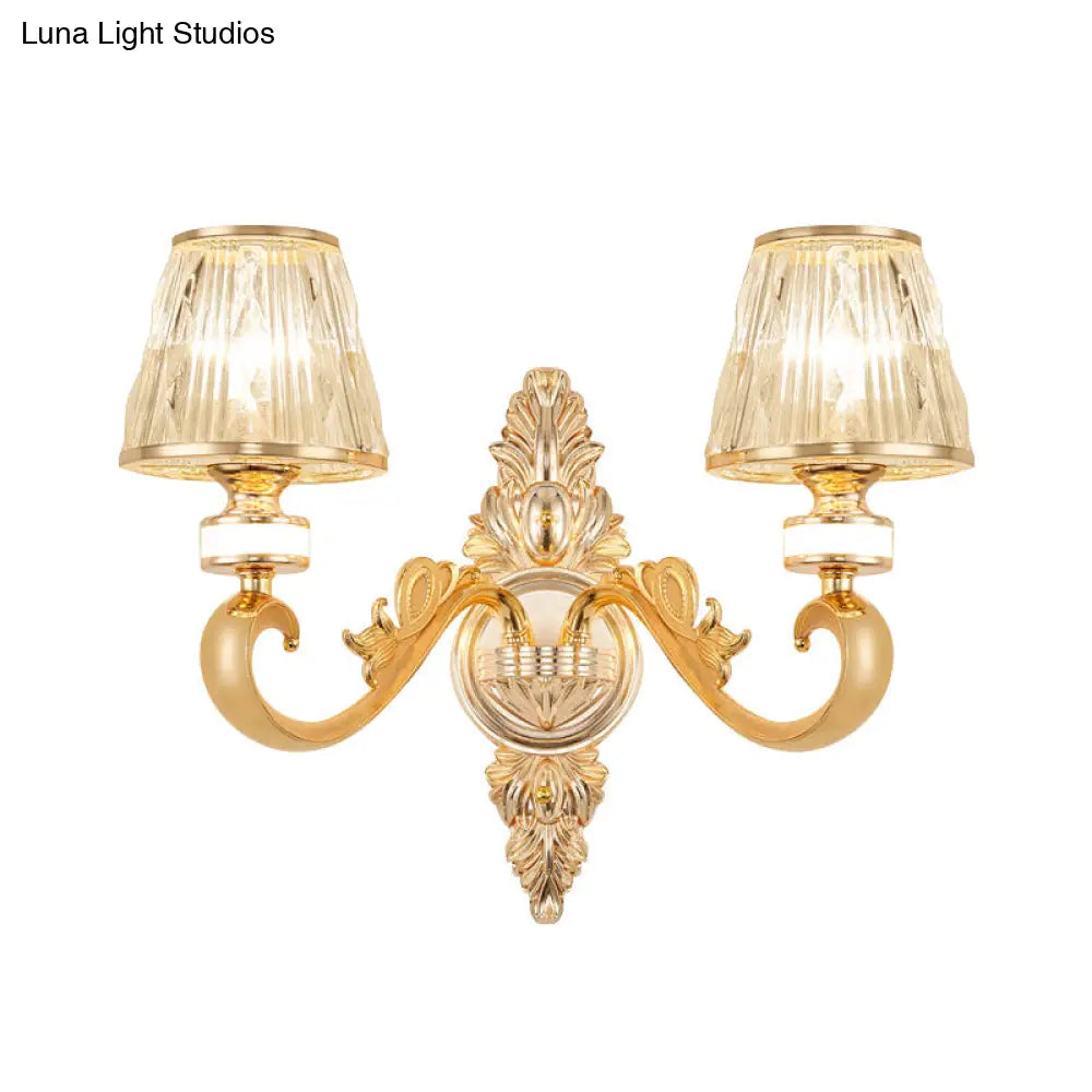 Modern Gold Wall Sconce With Crystal Cone Shade - Bedside/Room Fixture