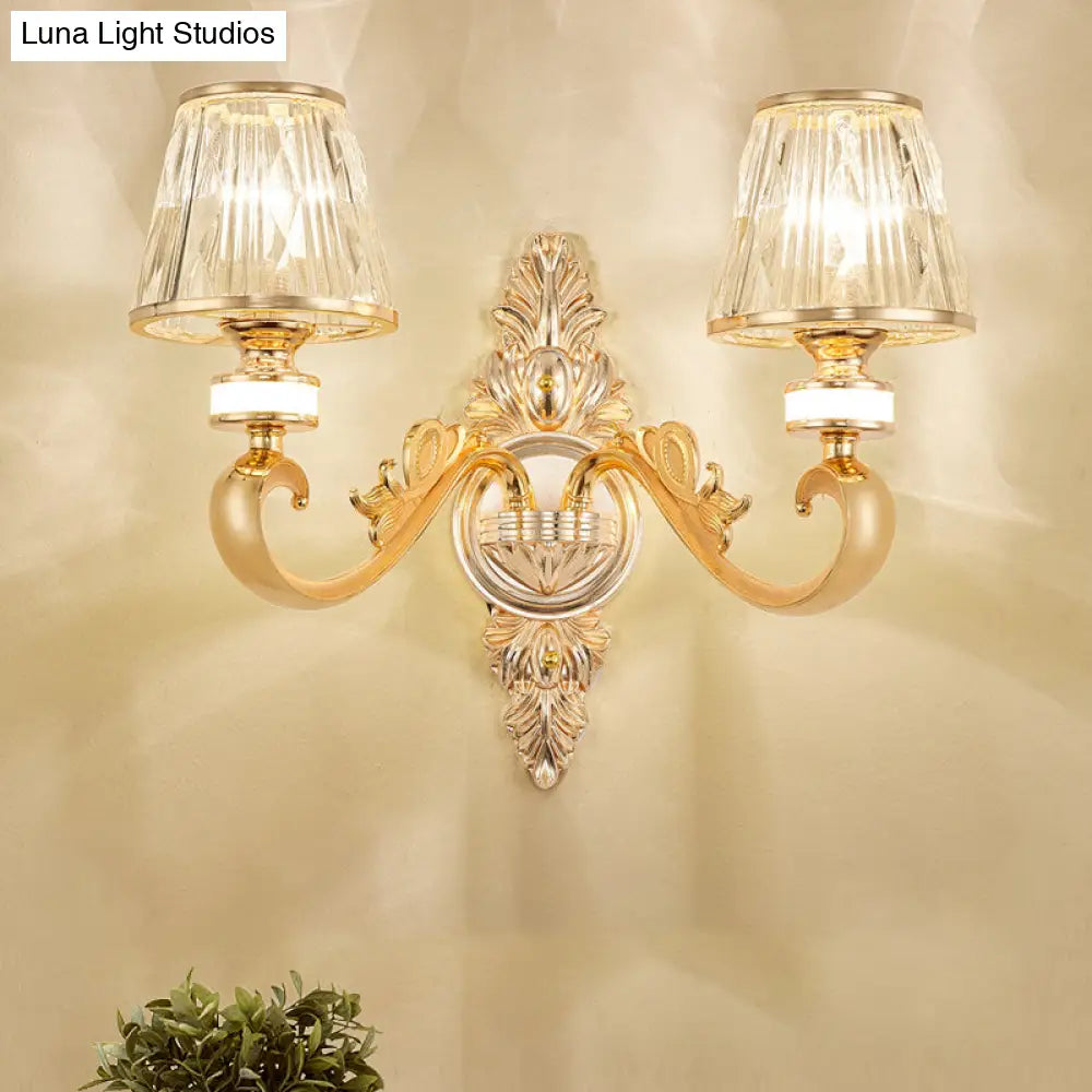 Modern Gold Wall Sconce With Crystal Cone Shade - Bedside/Room Fixture