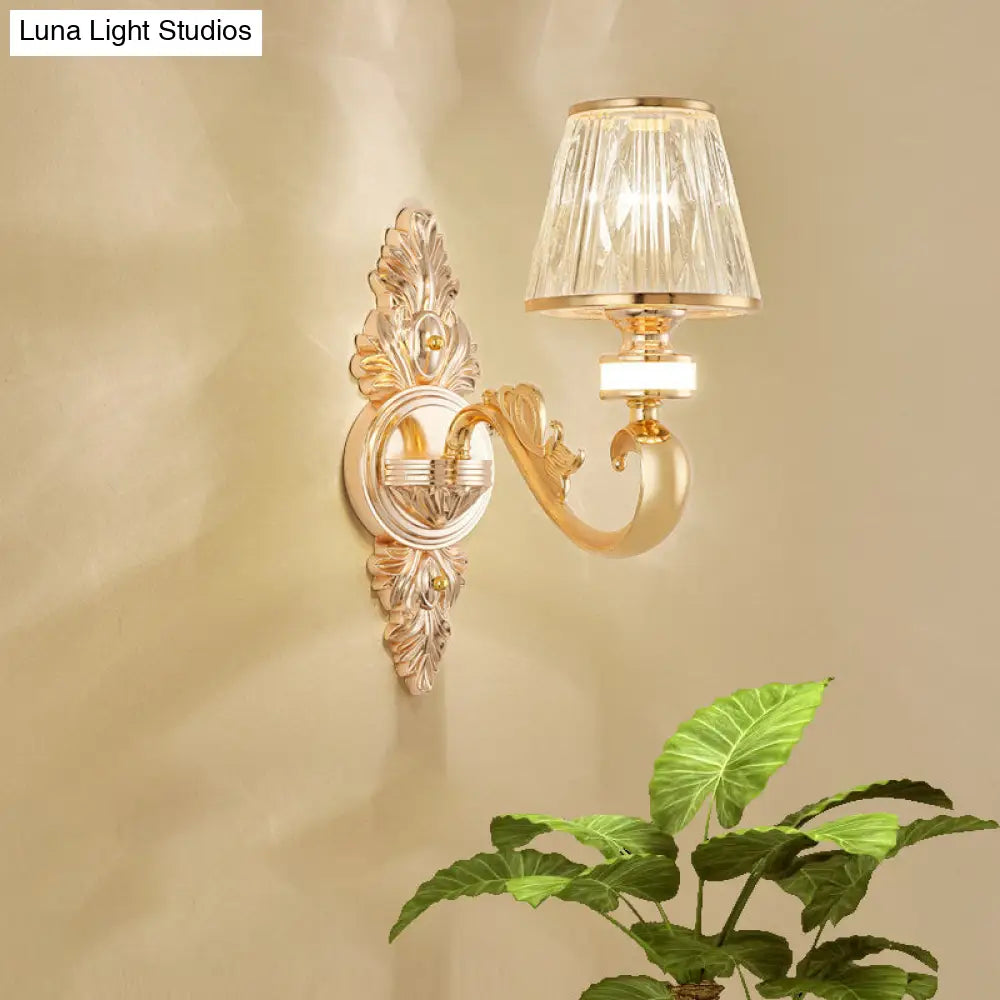 Modern Gold Wall Sconce With Crystal Cone Shade - Bedside/Room Fixture