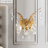 Modern Gold Wall Sconce With Crystal Drop - 2-Light Branch Mount