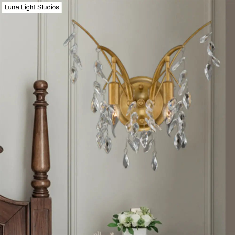 Modern Gold Wall Sconce With Crystal Drop - 2-Light Branch Mount