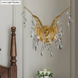 Modern Gold Wall Sconce With Crystal Drop - 2-Light Branch Mount