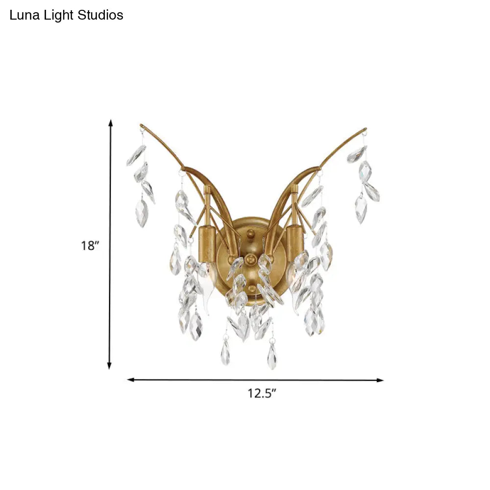 Modern Gold Wall Sconce With Crystal Drop - 2-Light Branch Mount
