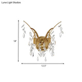 Modern Gold Wall Sconce With Crystal Drop - 2-Light Branch Mount