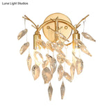 Modern Gold Wall Sconce With Leaf Shape Design And Beveled Crystal Accents 2-Bulb Lighting Fixture