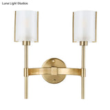 Modern Gold Wall Sconce With White Glass Shade - 2 Bulb Metal Light Fixture