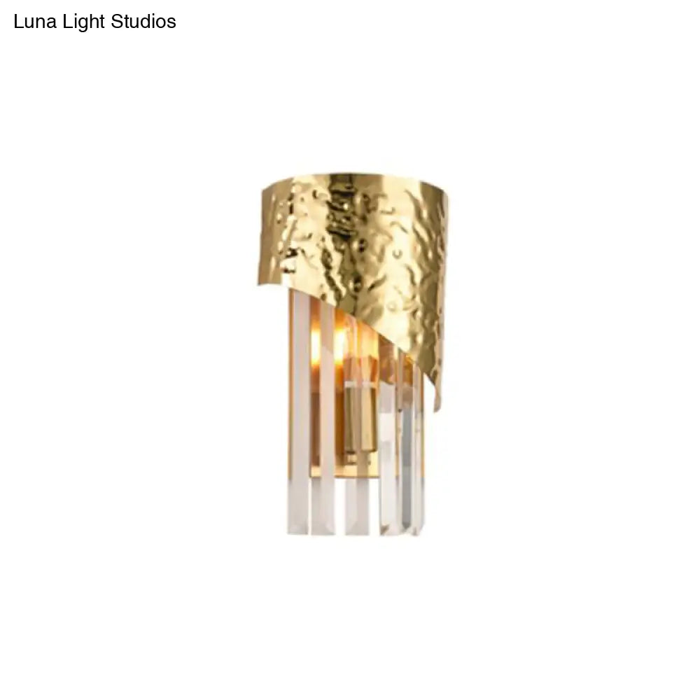 Modern Golden Metallic Wall Sconce With Crystal Block - Stylish Cylinder Light For Living Room