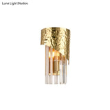 Modern Golden Metallic Wall Sconce With Crystal Block - Stylish Cylinder Light For Living Room