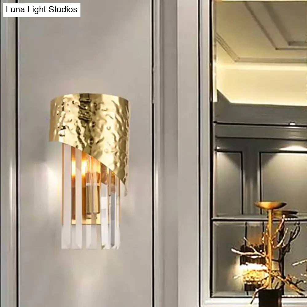 Modern Golden Metallic Wall Sconce With Crystal Block - Stylish Cylinder Light For Living Room