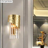 Modern Golden Metallic Wall Sconce With Crystal Block - Stylish Cylinder Light For Living Room