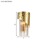 Modern Golden Metallic Wall Sconce With Crystal Block - Stylish Cylinder Light For Living Room