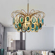 Modern Green Peacock Feather Chandelier - 5-Head Iron Ceiling Pendant With Agate Accents