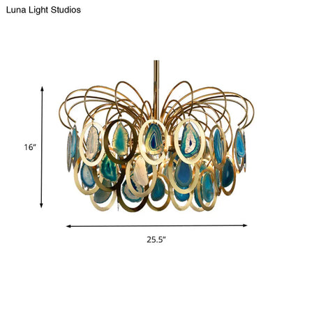 Modern Green Peacock Feather Chandelier - 5-Head Iron Ceiling Pendant With Agate Accents