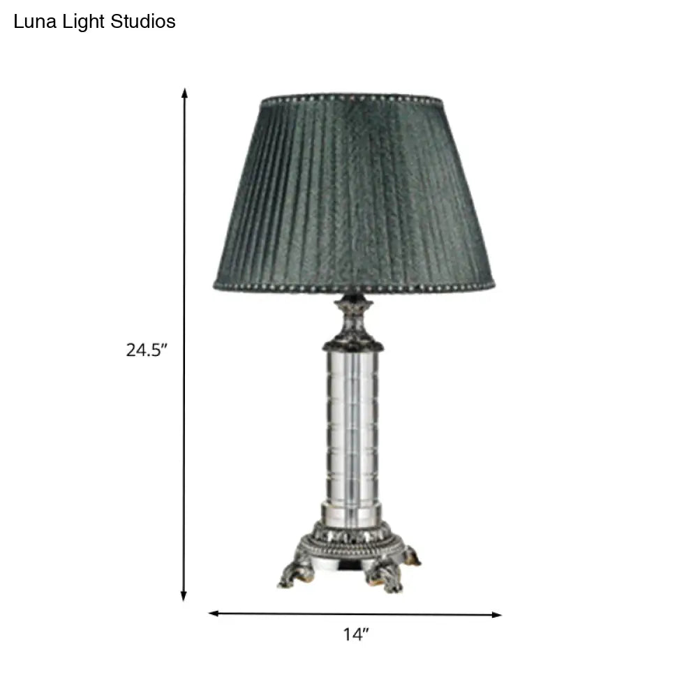 Modern Green Pleated Fabric Table Lamp With Carved Bronze Metal Base