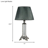 Modern Green Pleated Fabric Table Lamp With Carved Bronze Metal Base