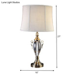 Modern Grey Barrel Shade Table Lamp For Living Room - Small Desk Light With Fabric & 1 Bulb