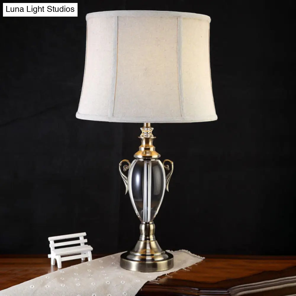 Modern Grey Barrel Shade Table Lamp For Living Room - Small Desk Light With Fabric & 1 Bulb