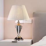 Modern Grey Fabric Nightstand Lamp With Clear Crystal Accent