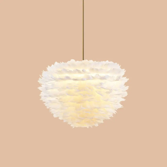 Modern Hand-Woven Feather Globe Chandelier For Bedroom - White Pendant Light 1 /