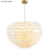 Modern Hand-Woven Feather Globe Chandelier For Bedroom - White Pendant Light