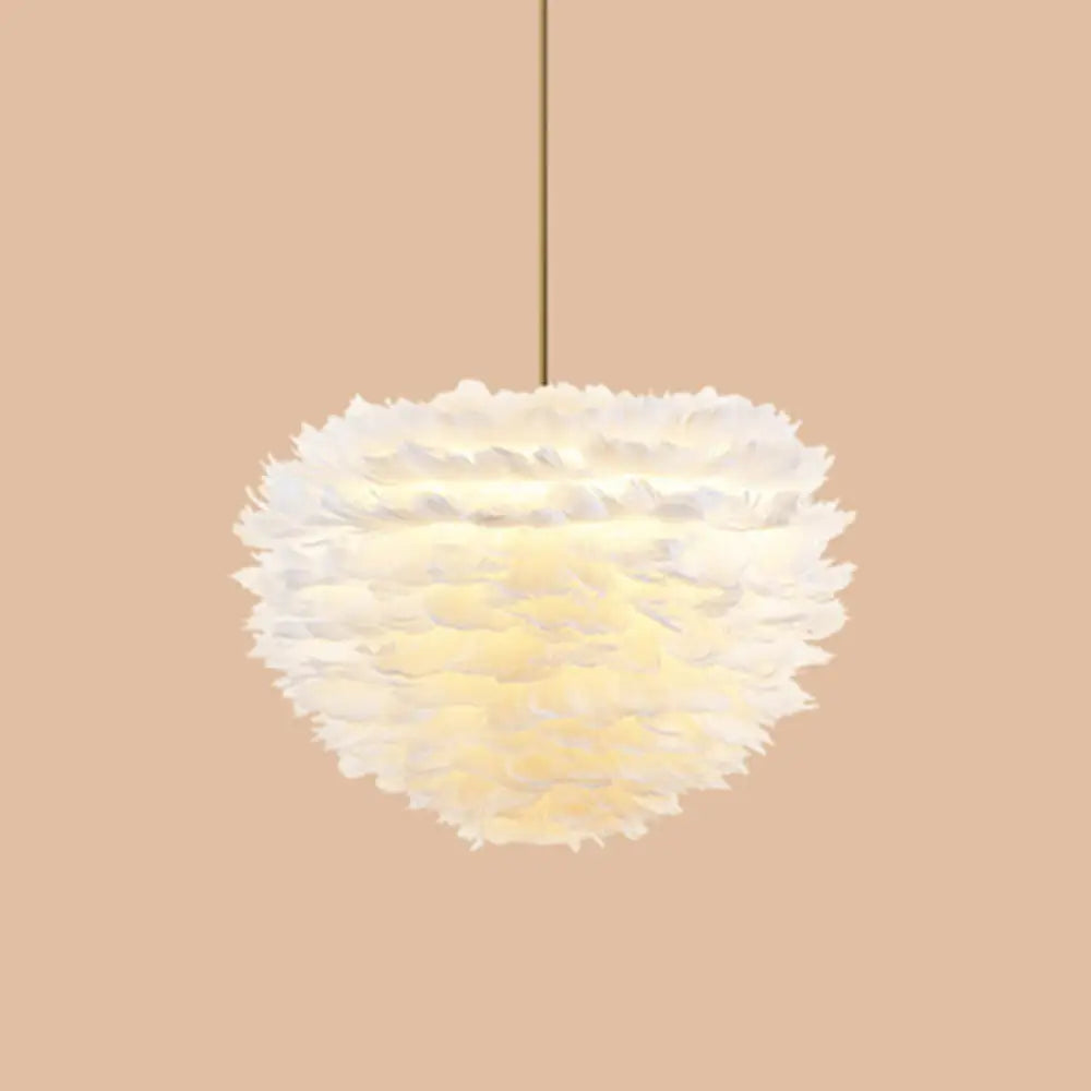 Modern Hand-Woven Feather Globe Chandelier For Bedroom - White Pendant Light 3 /