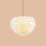 Modern Hand-Woven Feather Globe Chandelier For Bedroom - White Pendant Light 3 /