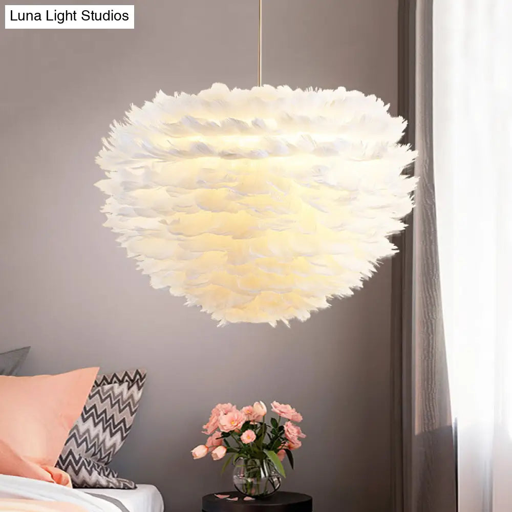 Modern Hand-Woven Feather Globe Chandelier For Bedroom - White Pendant Light
