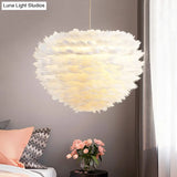 Modern Hand-Woven Feather Globe Chandelier For Bedroom - White Pendant Light