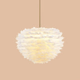 Modern Hand-Woven Feather Globe Chandelier For Bedroom - White Pendant Light 5 /