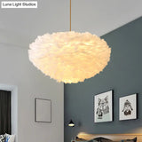 Modern Hand-Woven Feather Globe Chandelier For Bedroom - White Pendant Light