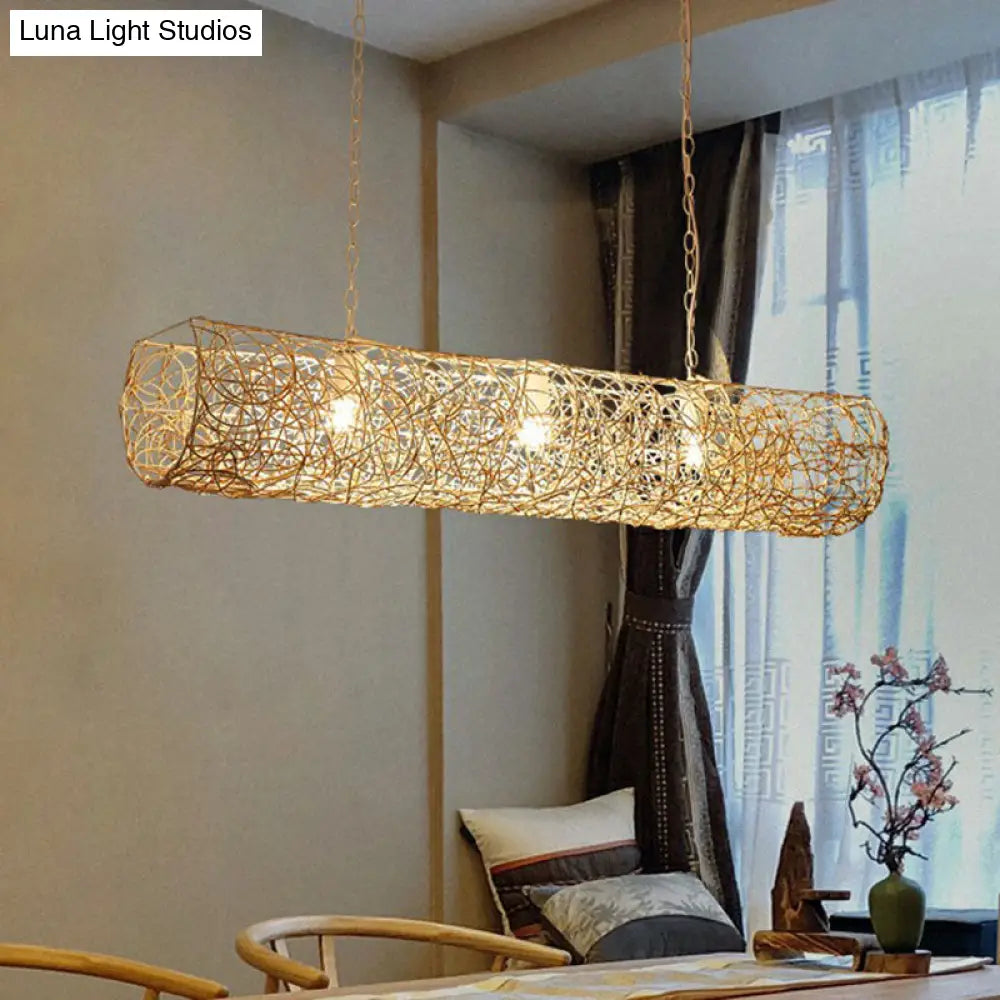 Modern Hanging Rattan Ceiling Light With 3 Bulbs For Tea Room Island