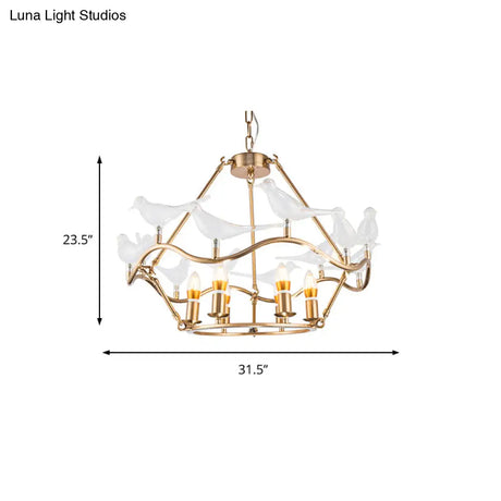 Modern Iron Candle Chandelier Ceiling Fixture In Gold With Clear Glass Birds - 6/9-Head For Living