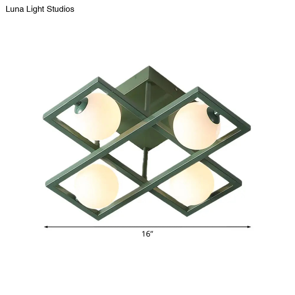 Modern Iron Semi Flush Ceiling Lamp With Globe White Glass Shade - Green 3/4/6 - Head Macaron Design
