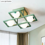 Modern Iron Semi Flush Ceiling Lamp With Globe White Glass Shade - Green 3/4/6 - Head Macaron Design