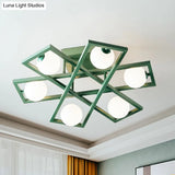 Modern Iron Semi Flush Ceiling Lamp With Globe White Glass Shade - Green 3/4/6 - Head Macaron Design