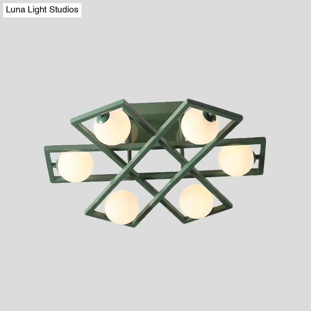 Modern Iron Semi Flush Ceiling Lamp With Globe White Glass Shade - Green 3/4/6 - Head Macaron Design