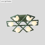 Modern Iron Semi Flush Ceiling Lamp With Globe White Glass Shade - Green 3/4/6 - Head Macaron Design