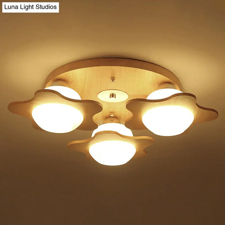 Modern Ivory Glass Flower Ceiling Light With 3 - Head Flush Mount For Bedroom In Wood Finish