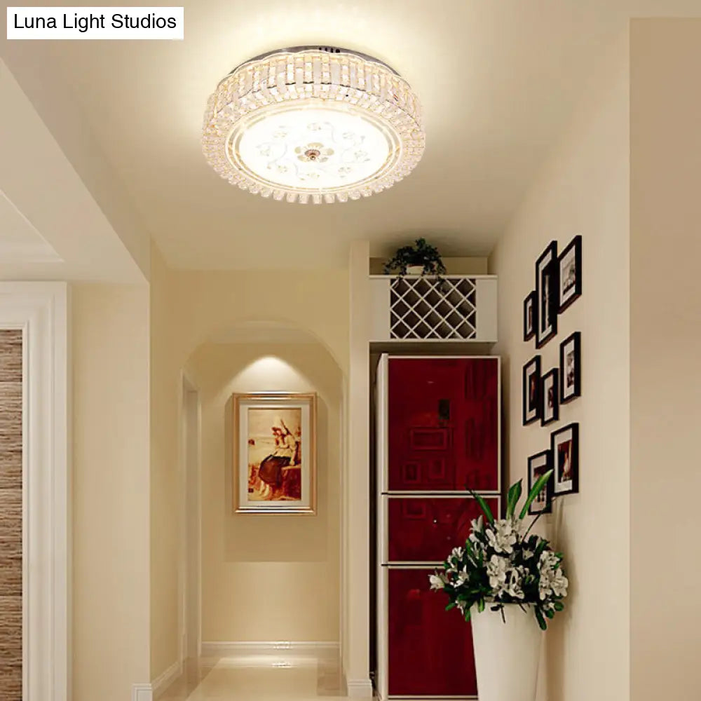 Modern K9 Crystal Flush Mount Led Ceiling Light Fixture White Drum 12’/16’/19.5’ Wide