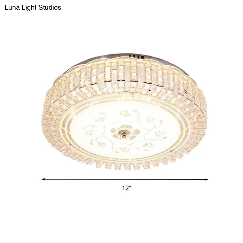 Modern K9 Crystal Flush Mount Led Ceiling Light Fixture White Drum 12’/16’/19.5’ Wide