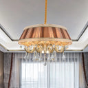 Modern Khaki Drum Ceiling Chandelier With Crystal Droplet - 8 Heads Pleated Fabric Hanging Lighting
