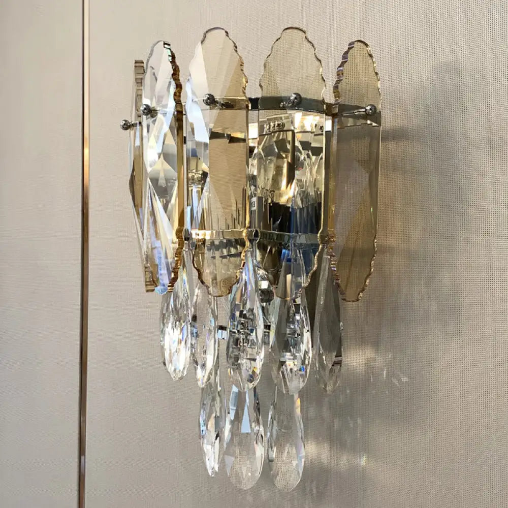 Modern Layered Wall Lighting Clear And Champagne/Smoke Gray Crystal Sconce Fixture 2 Lights
