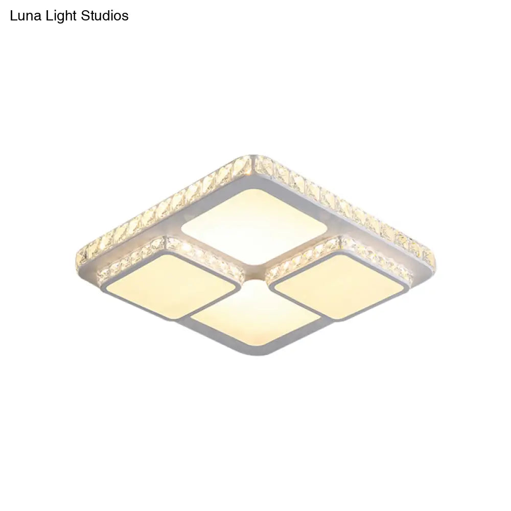 Modern Led Acrylic Ceiling Light: Square Flush Mount Lamp In White With Crystal Accent
