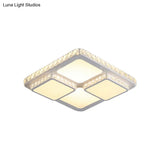 Modern Led Acrylic Ceiling Light: Square Flush Mount Lamp In White With Crystal Accent