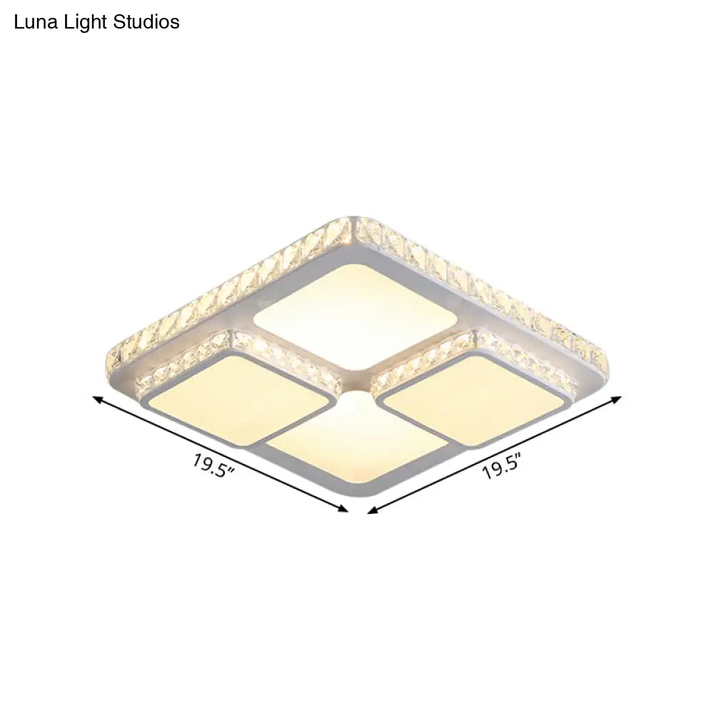 Modern Led Acrylic Ceiling Light: Square Flush Mount Lamp In White With Crystal Accent