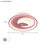 Modern Led Bedroom Light: White/Pink Flush Mount Ceiling Fixture With Moon Acrylic Shade