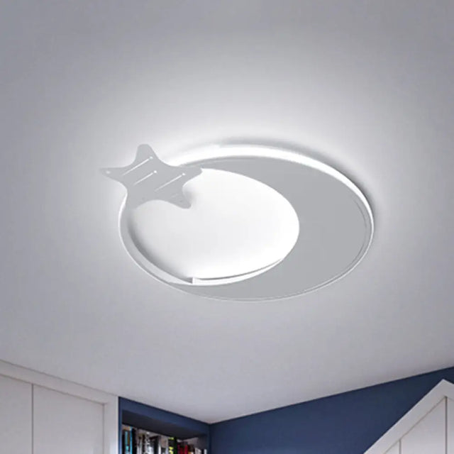 Modern Led Ceiling Flush Light - White Moon And Star Design In Warm/White /